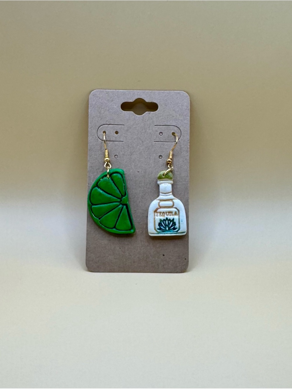 Green Lime Slice and White Tequila Bottle Asymmetrical Earrings